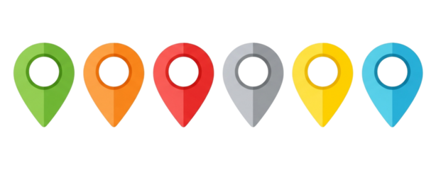 Set of colorful location pin isolated on transparent background for map, navigation, travel, direction, gps