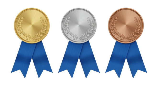 Trio of gold, silver, and bronze medals with blue ribbons isolated on transparent background, symbolizing accomplishment