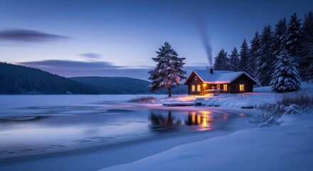 Fototapeta premium Cabin by Snowy Lake at Dusk with Forest and Reflections in Water