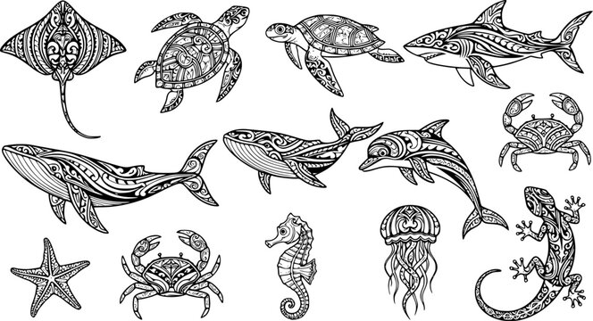 Polynesian tribal animal tattoos. Maori style ocean creatures as stingray, sea turtle, shark, whale, dolphin, crab, starfish, seahorse and jellyfish. Lizard ethnic ink art vector set