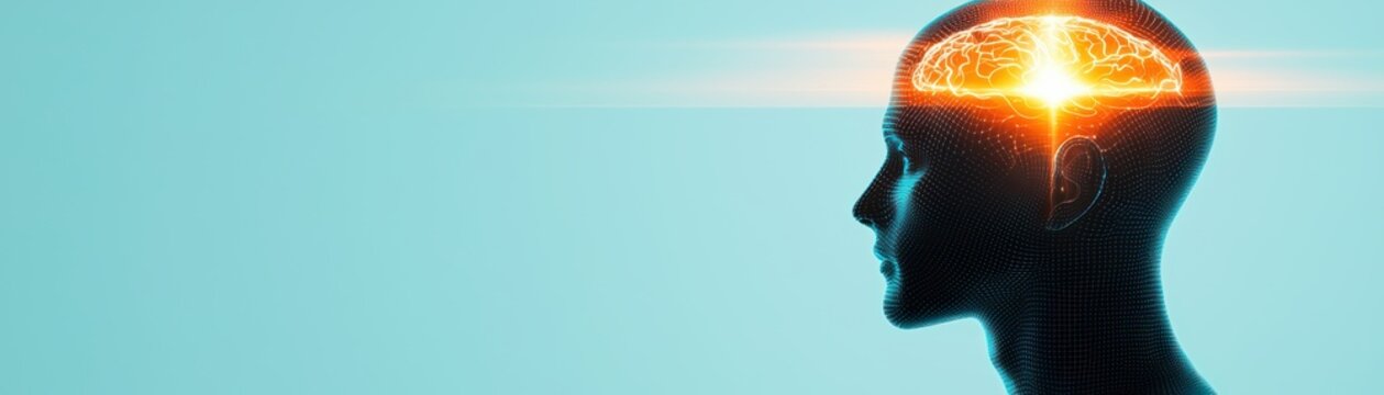 Abstract visualization of a human brain illuminated with light, representing intelligence, creativity, and cognitive processing