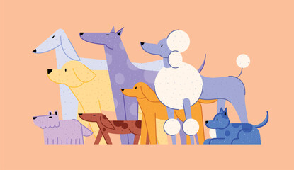 Dogs of Different Breeds in Group Portrait, playful Pets together. Variety of Canine Sizes and Shapes. Colored flat vector illustration, isolated on white background.