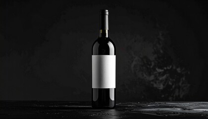 Elegant red wine bottle with a blank white label on a dark textured background.