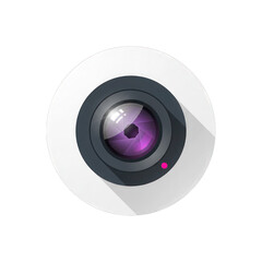Camera Lens Icon with Purple Reflection and Long Shadow in White and Gray Design