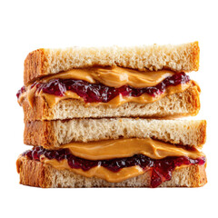 A peanut butter and jelly sandwich is cut in half