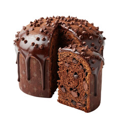 Delicious chocolate panettone cake with dark chocolate glaze and chips on black background