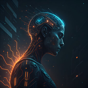 girl standing in dark night with magical blue light
