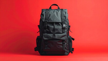 Black travel backpack standing against a solid red background.
