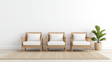 Stylish Minimalist Living Room with Three Wooden Chairs and Lush Green Plant on Natural Rug in Bright Interior Space