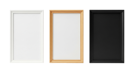 Three empty picture frames in white, gold and black isolated on transparent background, perfect for displaying art