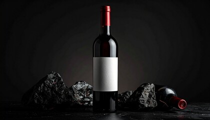 Elegant Red Wine Bottle with Blank Label on Dark Background.
