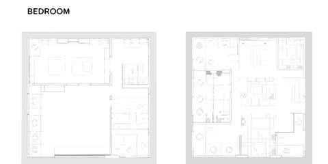 Architectural floor plan drawings of a modern bedroom and living space layout