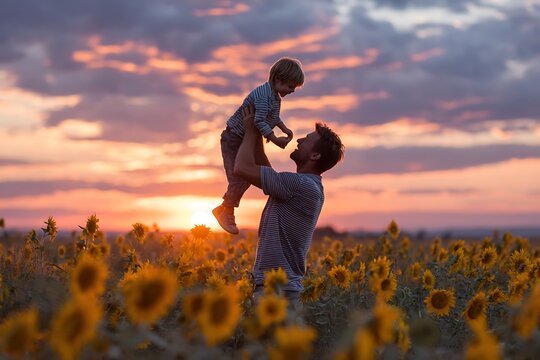 Father and son playing in a sunflower field at sunset, with the father lifting his son in the air, symbolizing fun and family joy.