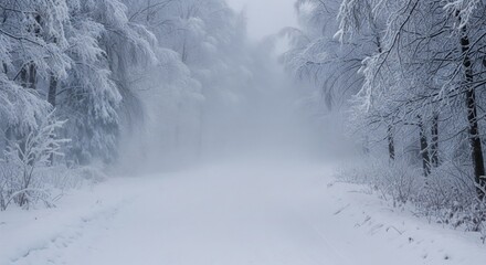 Obraz premium Snow Covered Path Leading Through Forest Trees in Winter Season