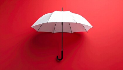 A single white open umbrella suspended against a solid red background.