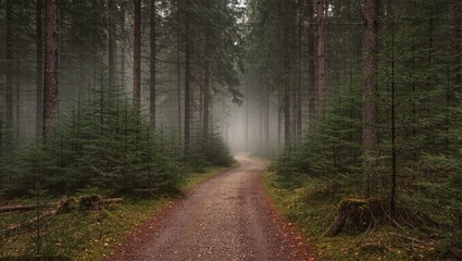 Fototapeta premium A winding forest path, enveloped in misty atmosphere, invites a journey through a serene and enchanting woodland scene. The towering trees create a sense of depth and mystery.