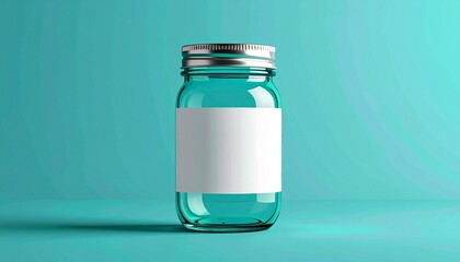 Empty Glass Jar with Blank White Label on Teal Background.