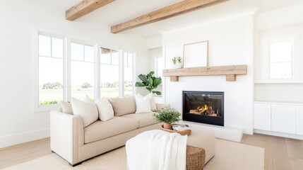 Fototapeta premium Cozy and Bright Living Room with Modern Design Featuring a Warm Fireplace and Natural Light Streaming Through Windows