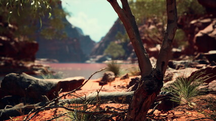 A vibrant landscape features a sturdy tree and red earth contrasting with distant rock formations and a calm waterway.