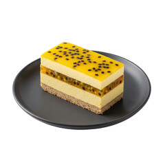 Exquisite passion fruit dessert on plate against black background highlighting sweet layers