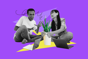 Full 3d art pop image collage of two happy business partners girl guy sit together laptop device cooperation flower plant