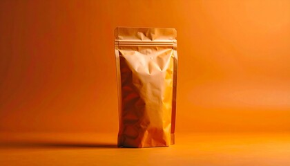 Golden Foil Pouch Packaging Mockup on Orange Background.