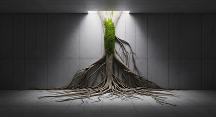 Ancient banyan root system contrasting with smooth concrete floor and walls, symbolizing resilience
