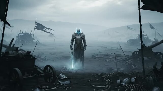 Armored knight stands amidst a desolate battlefield, wielding an ethereal sword. Fantasy concept art for games, dark age, post-apocalyptic scenarios, war, horror, and historical visualizations.