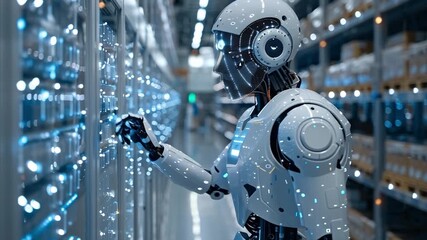 A sophisticated robot is engaging with digital systems inside a high-tech warehouse. The environment features shelves filled with packages, highlighting automated logistics - Powered by Adobe