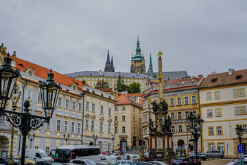 Naklejka premium Beautiful aerial and detailed view of Prague Castle with St. Vitus Cathedral and the Old Royal Palace, Czech Republic — Gothic architecture and panoramic city skyline
