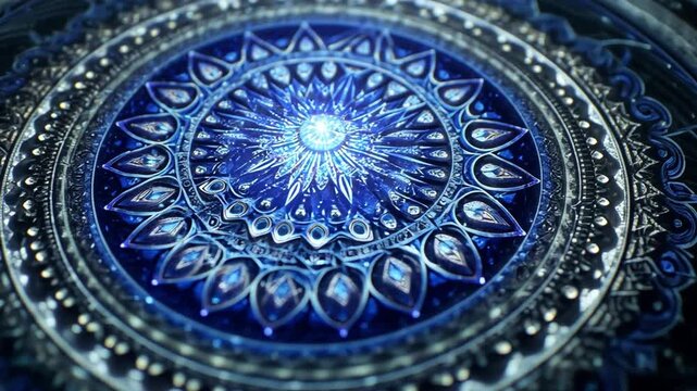 Mystical Mandala: A mesmerizing mandala radiating intricate patterns and a cool, ethereal blue, evokes a sense of tranquility and spiritual reflection. 