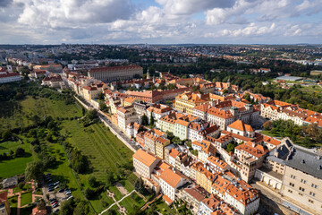 Beautiful aerial and detailed view of Prague Castle with St. Vitus Cathedral and the Old Royal Palace, Czech Republic &mdash; Gothic architecture and panoramic city skyline