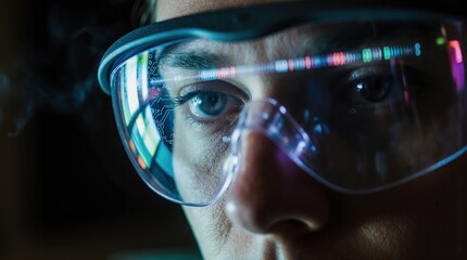 Close up of a person wearing futuristic augmented reality glasses with colorful digital reflections