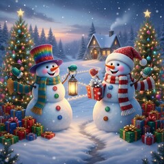 Festive Snowmen Holding a Lantern Surrounded by Christmas Trees and Gifts in a Cozy Winter Landscape © Meng