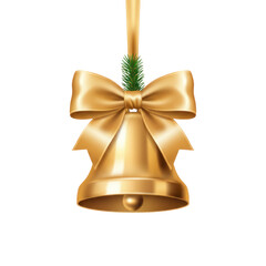 Elegant Golden Christmas Bell Ornament Hanging on a Ribbon Against a Black Backdrop