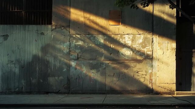 An old, shabby wall with graffiti and sunbeams. It can emphasise themes of urban decay, street art, spatial transformation, or the impact of time on architecture. Traces of destruction are visible on 