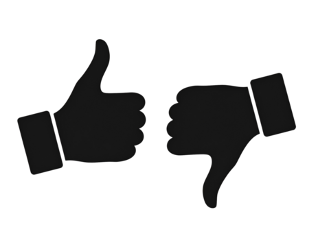 Opposite Direction Thumbs Up and Thumbs Down Icons, Black Silhouette, Isolated