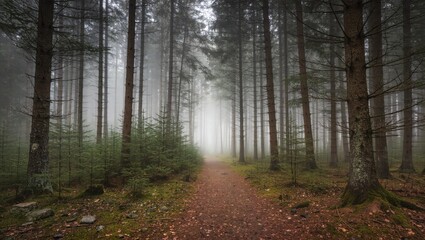 Fototapeta premium A mystical pathway invites you into a foggy forest. Trees line the path, offering a sense of depth and mystery. The scene creates a tranquil, awe-inspiring atmosphere.