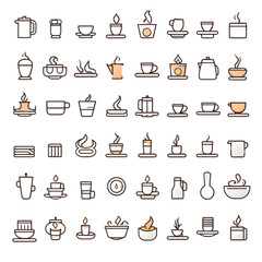 Assortment of coffee and tea icons arranged in a grid on black background transparent background, png