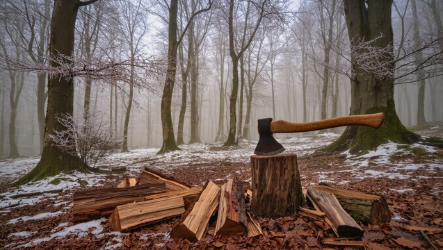 A serene forest scene featuring a rugged axe resting upon a tree stump, with neatly chopped logs scattered below, evokes a sense of tranquility.