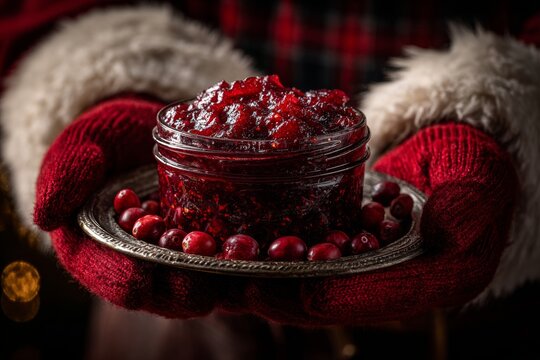 Spicy Cranberry Chutney in jar filled with bright red cranberries on silver plate. Concept of cozy, festive atmosphere showcasing tangy cranberry chutney with chili and spices.