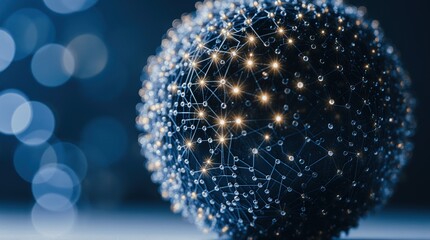 Abstract glowing sphere with interconnected nodes and bokeh lights