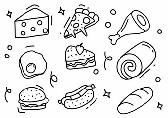 Set of cute food doodle elements vector. Hand drawn doodle collection of pizza, donut, sandwich, bread. Design for print, cartoon, wallpaper, restaurant, cafe, sticker.