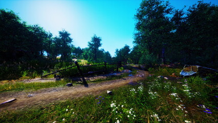 A serene pathway winds through a lush green forest under a clear blue sky. Sunlight filters through the trees, illuminating wildflowers and fallen logs, creating a peaceful atmosphere for exploration.