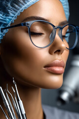 Woman dentist focused with tools and microscope in modern dental clinic setting
