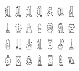 Collection of cleaning tools and appliances icons isolated on white background showcasing vacuum cleaners, brooms, dustpans, and other equipment for household hygiene