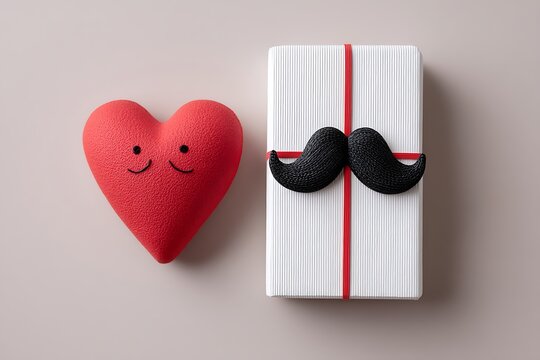 Father's Day Concept A creative flatlay with a red heart, gift, and a funny black mustache, offering space for a personal message.