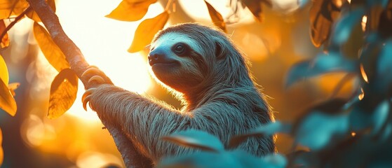 Sloth in golden sunset: tranquil creature amidst lush greenery