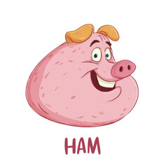 A cartoon pig with a big head and a big smile