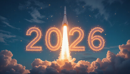 Rocket launching into the sky with bright trails forming the number ‘2026’, representing ambition, innovation, and a bold new start